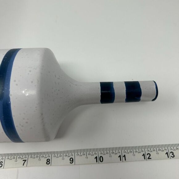 Crate and Barrel Terra Cotta Vase Blue Striped Gray Nautical Decor Hand Painted - Picture 12 of 14